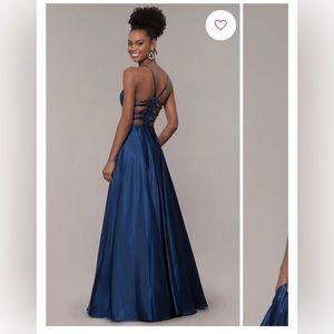 Sharply Cage-Back Long V-Neck Satin Prom Dress